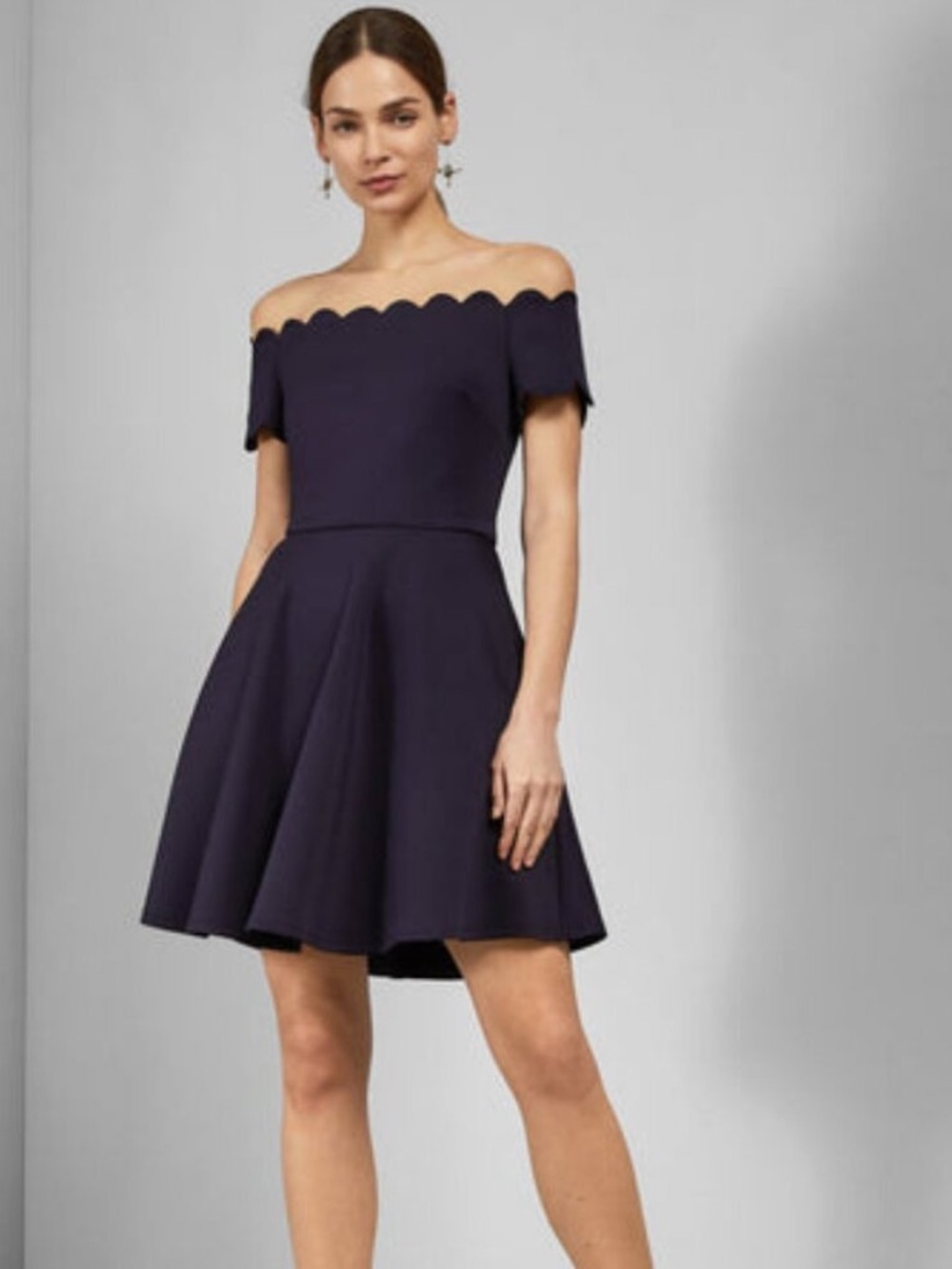 Ted Baker Fellama Bardot Scuba Scallop Skater Dress in Deep Navy Size 3 / US 8
